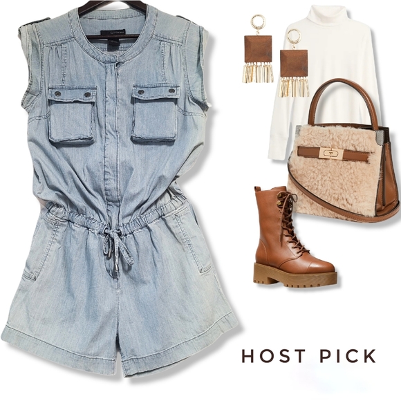 CALVIN KLEIN JEANS Sleeveless Denim Romper w Pockets & Drawstring Waistline - Picture 16 of 16